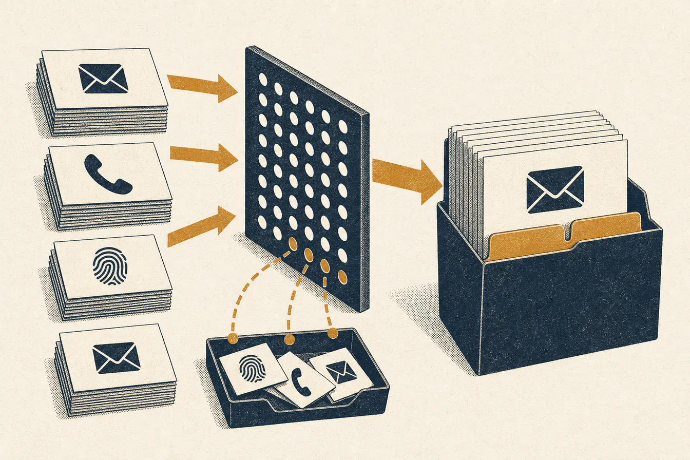 Separate stacks of email, phone, and hashed customer cards pass through a matching screen, with rejected cards below and matched cards collected in a folder.