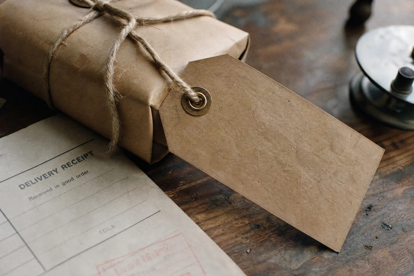 A 35mm still life: a paper luggage tag tied to a parcel with string, photographed on a worn desk beside a stamped delivery slip.