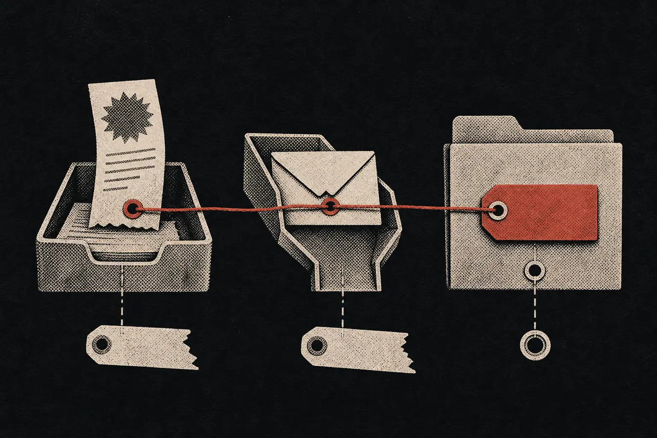 A cream receipt in an inbox, a sealed envelope in a redirect chute, and a folder with one detached ring are joined by a red thread on black paper.