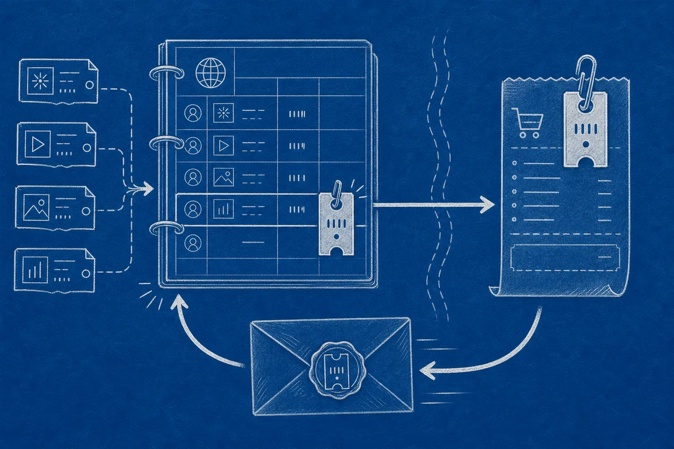 A cyanotype drawing shows a numbered claim ticket recorded in a landing-page ledger, carried into a checkout receipt, and returned with a sealed payment notice.