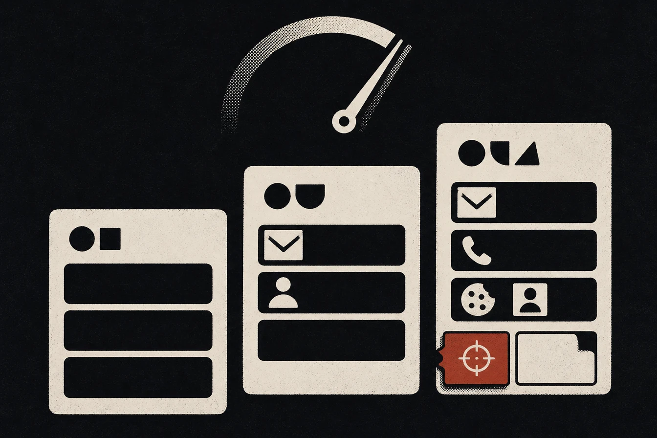Three dark paper event receipts show empty, partly filled, and nearly full identifier slots, with an ad-click stub attached only to the paid-traffic receipt.