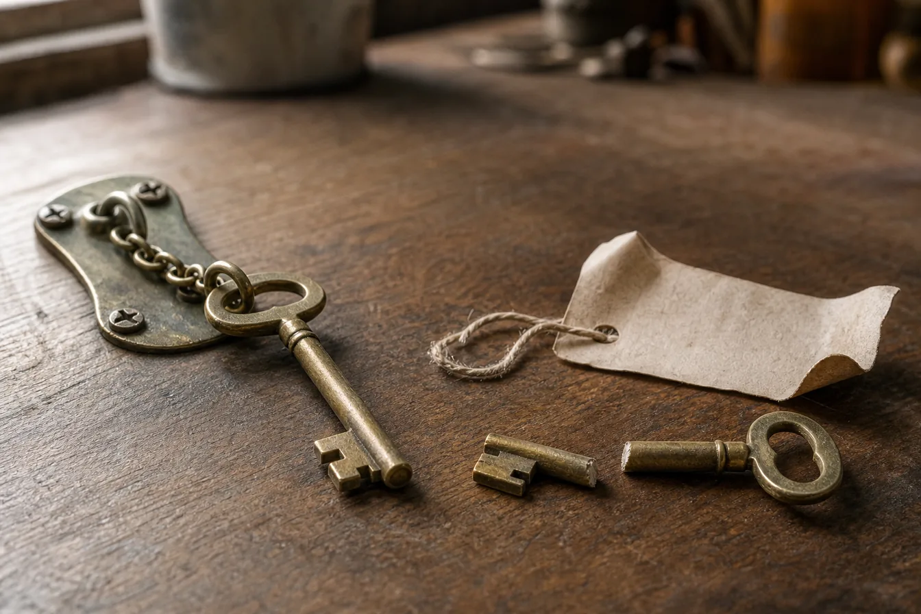 Two brass keys on a desk: one still chained to an anchor plate screwed into the desk, the other snapped in half beside a loose paper tag.