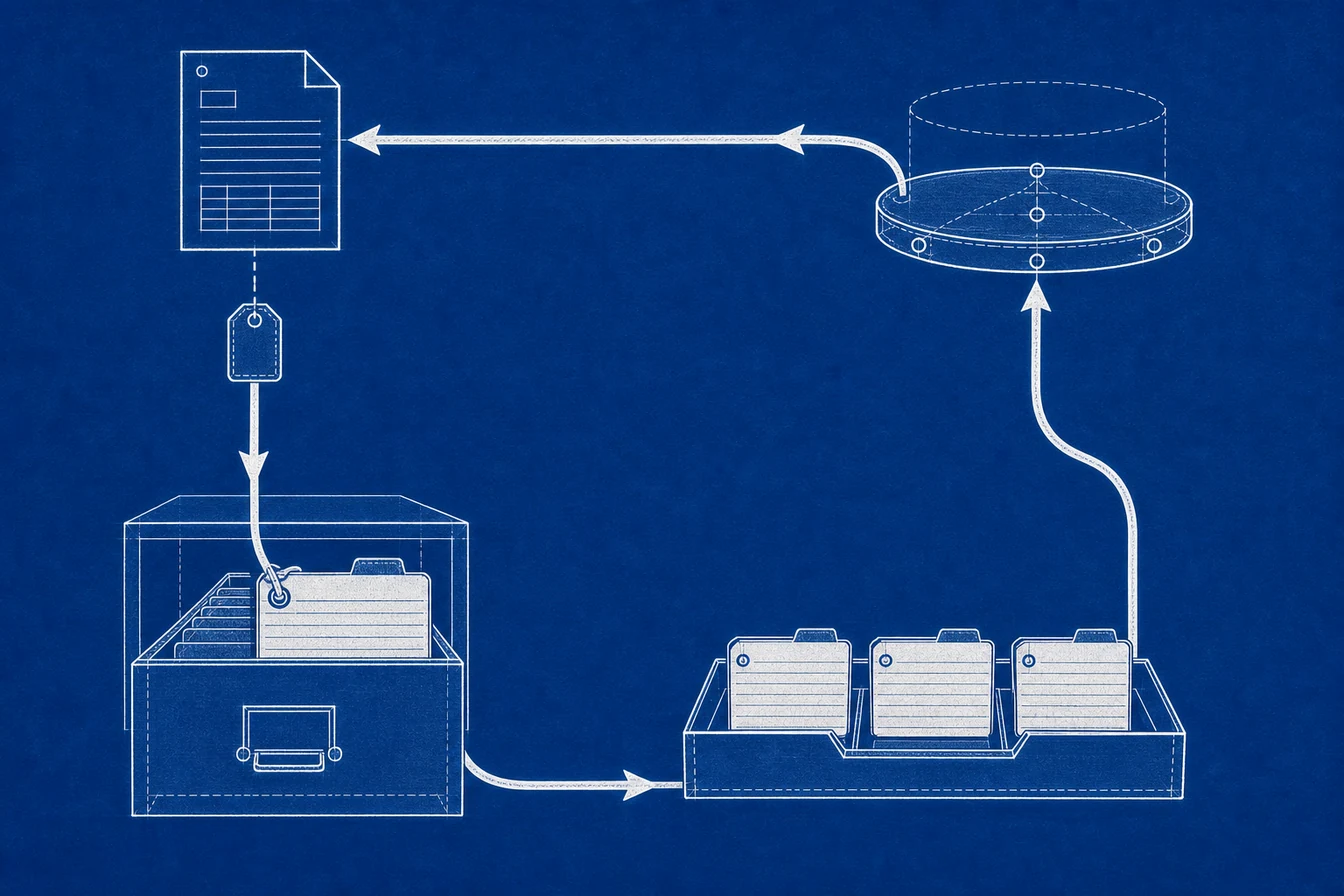 A blueprint loop: a form issues a tagged token that is filed with a deal card, collected into a dated batch tray, and returned up to the platform node.