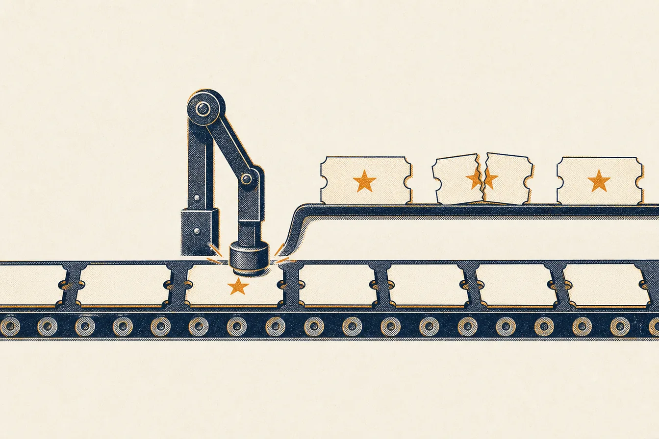 A printing belt carries a row of blank event tickets left to right while a stamping arm presses a small star onto selected tickets, and one of the stamped tickets is visibly torn yet still carries the mark.