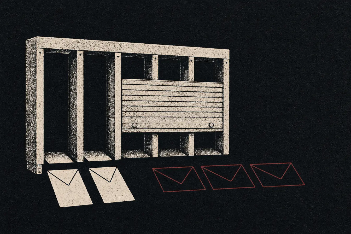 A mail sorting frame where two letters pass through open slots while a lowered shutter blocks three others, leaving three hollow outlines where those letters would have landed.
