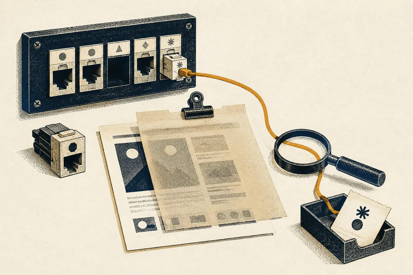 Um cartucho de plugin fora do painel do site deixa uma página antiga presa pelo cache, enquanto uma lupa acompanha o cabo até a bandeja de eventos.