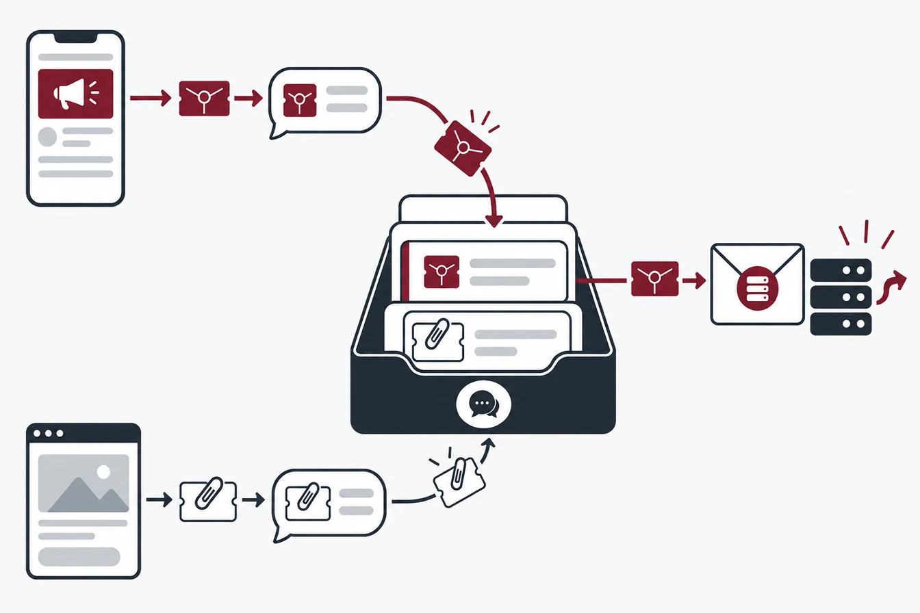 Um anúncio e uma landing page entregam bilhetes diferentes a uma conversa arquivada, que envia o identificador correto num envelope de evento.
